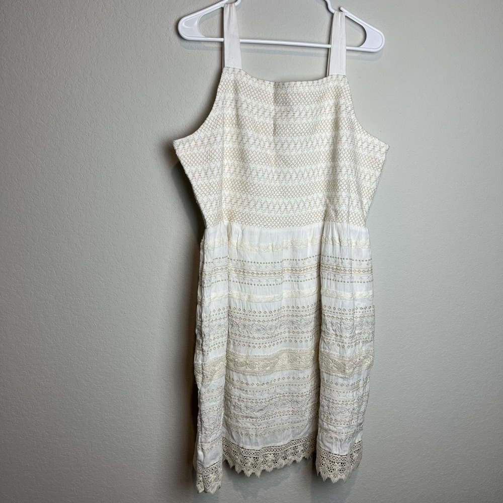J. Jill Dress Womens L White Striped Lace Embroidered Square Neck Sundress